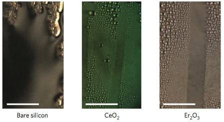 comparison_steam_buildup A comparison of filmwise steam condensation on silicon versus the two REO hydrophobic surfaces. Credit: Varanasi Research Group; Nature.