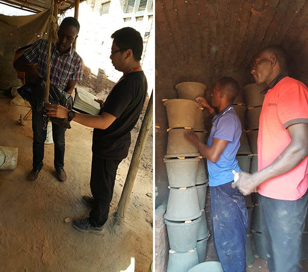Left: Lerdprom consults with factory manager. Right: Employees inspecting filters.